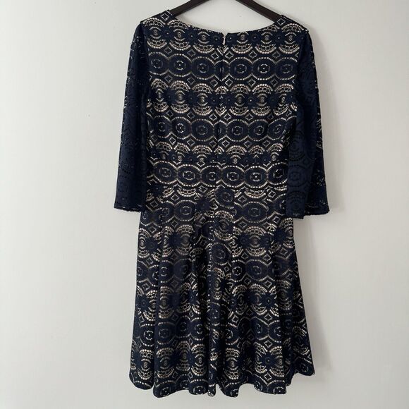 Eliza J Lace 3/4 Sleeve Fit & Flare Dress Navy/Tan Size 14-16 READ - Picture 2 of 11